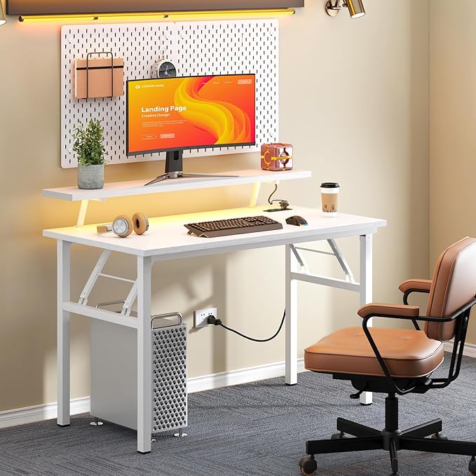 SogesGame Folding Desk 39.4 Inch Foldable Computer Desks with LED Lights and Monitor Stand Work Portable Table for Bedroom Home Office White