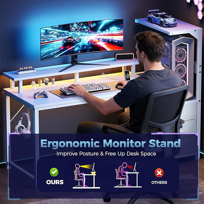 DUMOS L Shaped Gaming Desk with Shelves Storage Drawers 52'' White Computer Desks with LED Lights Power Outlets Office Wood Table with PC Stand Cable Management for Bedroom Dual Monitor Streaming