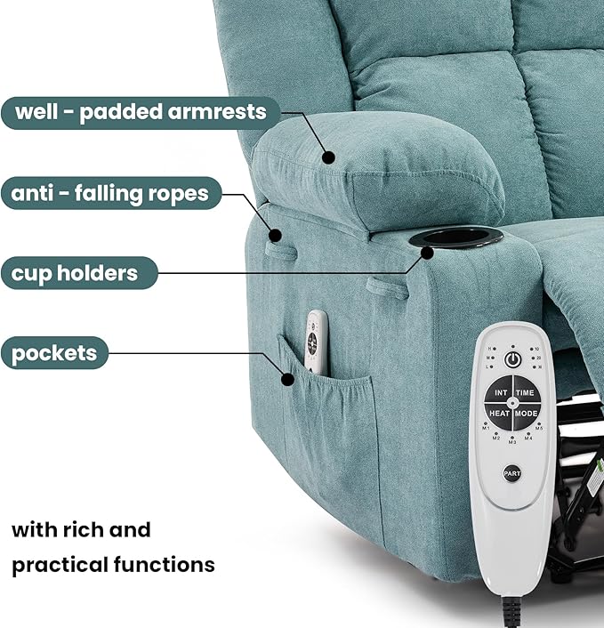 Manual Recliner Chair with Heating &amp MassageErgonomic Overstuffed Breathable Fabric Reclining Chair with Side PocketsQ235 Steel Frame Lazy Boy Recliner Single Sofa for Living Room Bedroom