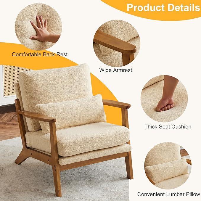 Karl home Accent Chair Wide Armrest Mid-Century Lounge Chair Teddy Fleece Armchair with Lumbar Pillow &amp Solid Wood Frame for Living Room Bedroom Balcony Khaki