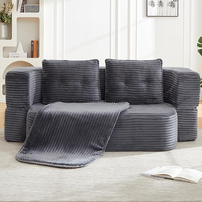 78.4 Convertible Sleeper Sofa Bed Floor Couch Loveseat with Functional Blanket and 2 Soft PillowsCorduroy Fabric Boneless Futon Couch for Living RoomBedroomApartment (Dark Grey)