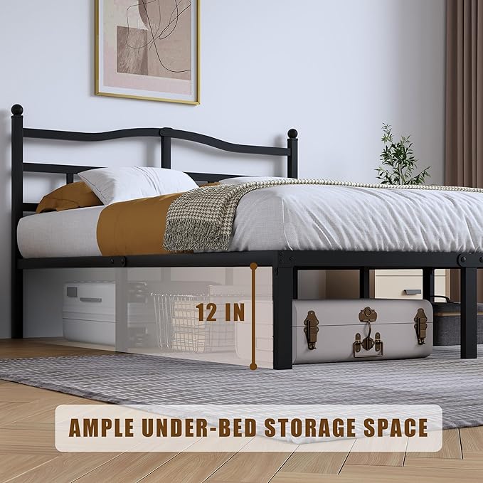 14 Inch Metal Bed Frame - Full Size Heavy Duty Bedframe with Headboard Black Basic Steel Slats Platform No Box Spring Needed/Easy Assembly/Noise Free