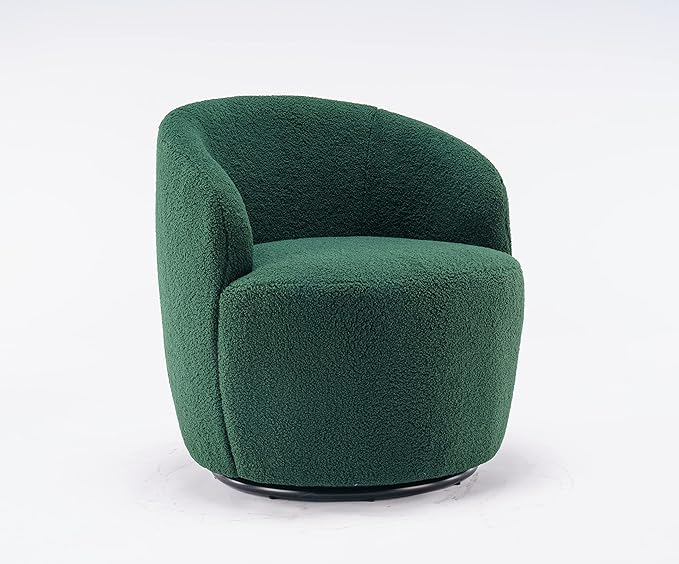 360 Degree Swivel Chair Teddy Fabric Modern Bucket Chair with Black Powder Coated Metal Ring for Living Room Bedroom (Green)