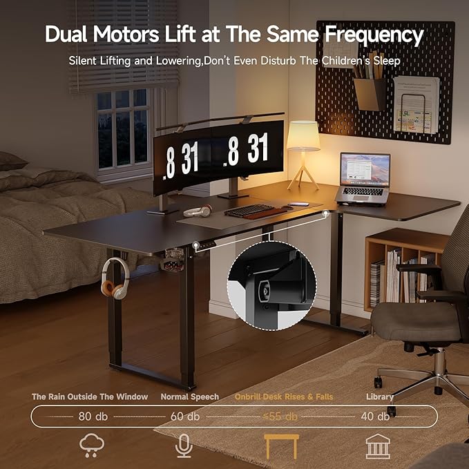 ONBRILL L Shaped Standing Desk 63x43 Inches Electric L Stand Up Desk with 4 Legs Dual Motor and Memory Controller Adjustable Height from 28-46 Inches for Home and Computer Workstation Black