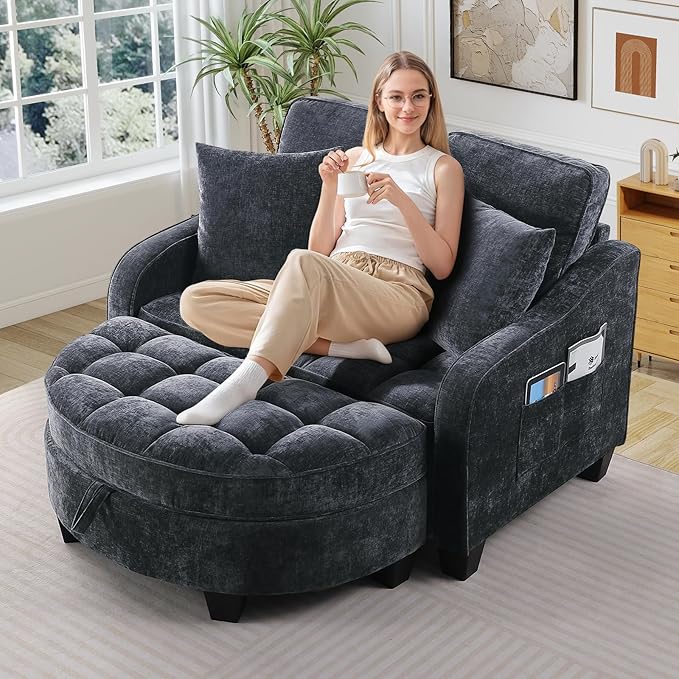 Oversized Chair and A Half Chenille Tufting Accent Cozy Reading Sofa Chair with Storage Ottoman Upholstered Loveseat Chaise Lounge Sofa with Adjustable Back for Living Room Office Sunroom Black