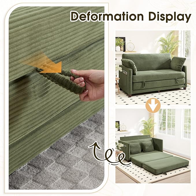 65 Convertible Loveseat Sofa Bed 2-in-1 Folding Sofa Bed with 2 Pillow for Small Spaces Modern Loveseat Sleeper Couch for Apartment Living Room &amp Guest Room (Green Corduroy 65 inch)