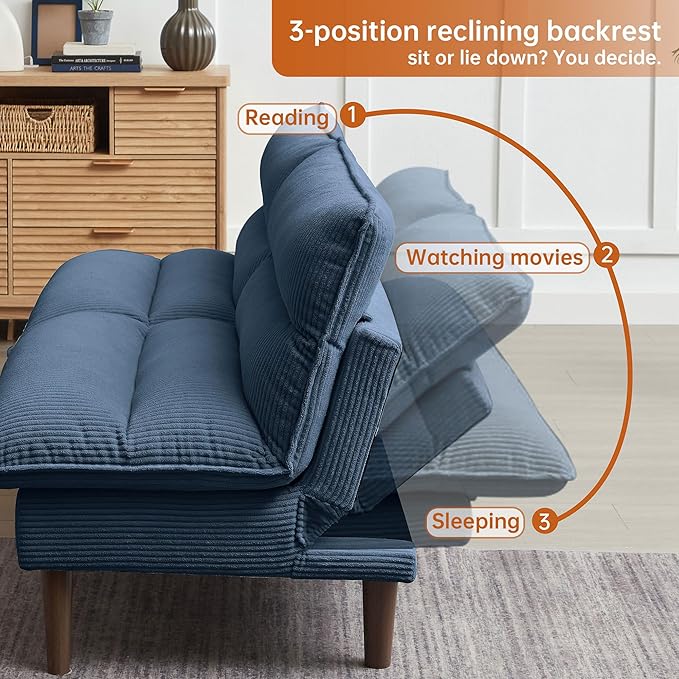 72 Convertible Futon Sofa Bed Loveseat Sofa Corduroy Folding Futon Set with Adjustable Backrest &ampArmrests Recliner Lounge for Living Room Apartment or Office Solid Wood Frame Blue