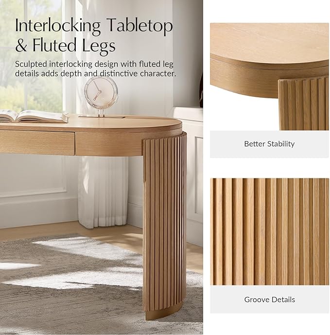 HULALA HOME 60 Modern Executive Desk with Storage Writing Desk with Fluted Legs Home Office Desk with Charging Station Oak