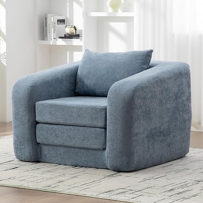 Convertible Sofa Bed Chenille Upholstered Pull Out Sofa Bed with Pillows 2-in-1 Sofa Chair with Minimalist Design Comfy Folding Mattress Couch for Apartment (Light Blue Single Sofa Bed)