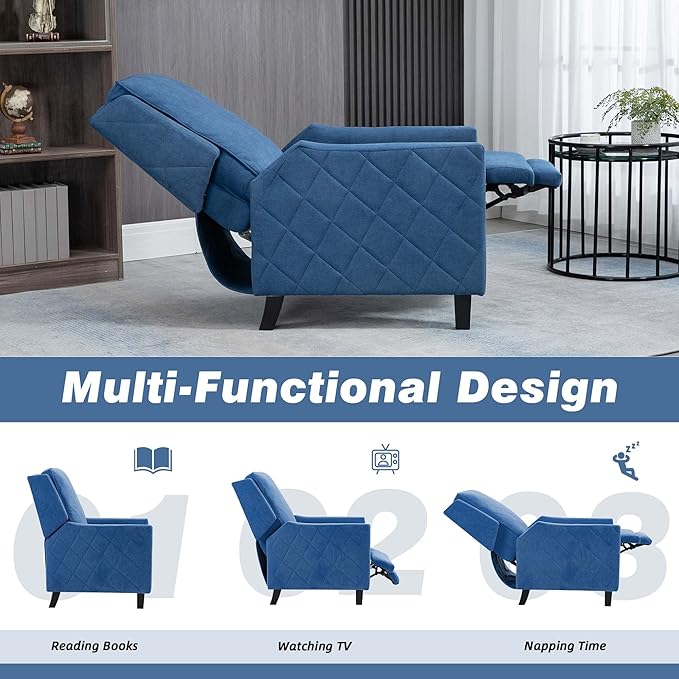 AVAWING Push Back Recliner Chair Wing Back Chairs with Arms Mid-Century Vintage Accent Chair for Living Room Polyester Blue