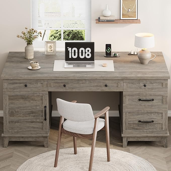 GAOMON 60in Wooden Executive Desk with 5 Drawers Office Desk Computer Table with Charging Station Farmhouse Home Office Desk with File Cabinet Storage for Study and Home Office Rustic Gray