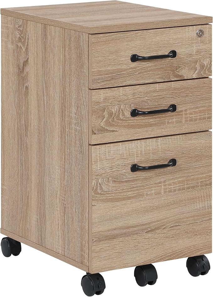 OSP Home Furnishings Ace 3-Drawer Mobile File Cabinet Full Extension Slides Key Lock System Rolling Casters 26.75x19x14 Inches River Oak Wood Finish