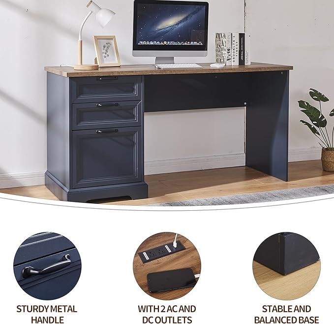 60 Farmhouse Executive Desk with Charging StationHome Office Desk with 2 Drawers &amp1 File CabinetWood Work Desk for Office and Home (Blue)