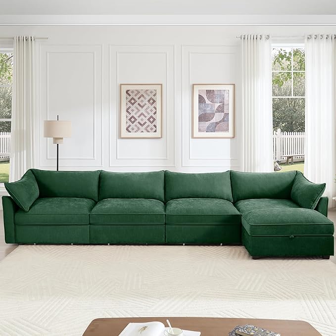 Modular Sectional Sofa with Pull Out Storage Drawers 146.4 L-Shaped Comfy Chenille 4-Seat Sofa with Storage Ottoman Upholstered Deep Seat Couch with 2 Armrest Pillows for Living Room Green