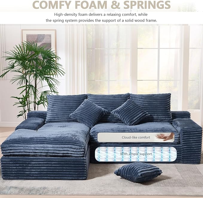 Modern Cloud Sectional Couch with L-Shape Chaise Modular Boneless Sofa with Deep Seat Comfy Plush Upholstered Couches for Living Room Apartment No Assembly Required Corduroy Blue