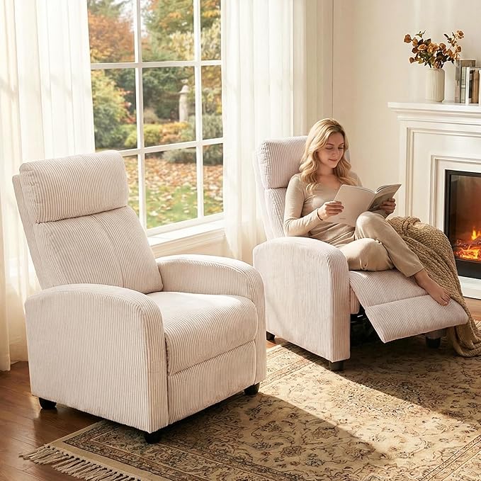Furnimart Small Manual Recliner for Small Spaces Corduroy Reclining Chair with Chunky Overstuffed Cushion Single Sofa Recliner for Adults for Home Theater Living Room Bedroom Beige