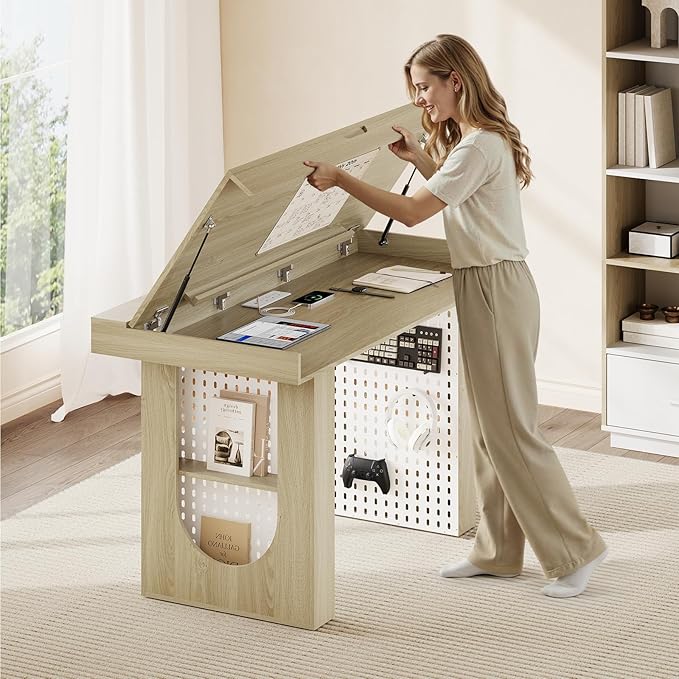 55 Computer Desk with Storage 2-in-1 Convertible Gaming &amp Dining Table One-Piece Executive Desk with Power Strip &amp Pegboard Soft-Close Gas Strut Workstation for Home and Office Light Wal