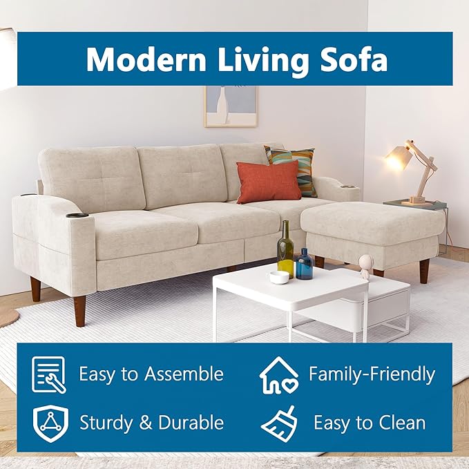 Dolonm L-Shape Modern Sofa Sectional Couch with Built-in USB Port and Convenient Cup Holder 3-Seater Sofa with Storage Ottoman Couch for Living Room Office Apartment Beige