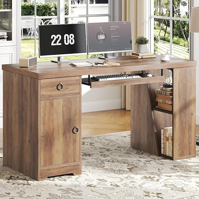 HSH 55 Inch Executive Office Desk with Drawers Farmhouse Computer Desk with Keyboard Tray and Storage Rustic Wood Work Study Writing Pc Table Studio Desks Home Workstation with Shelves and Cabinet