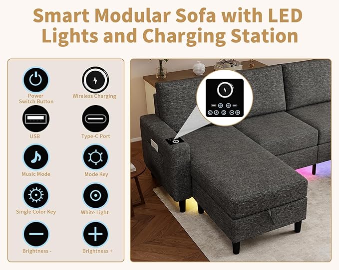 Smart Sectional Couches for Living Room 6 Seat U/L Shaped Sectional Sofa with RGB Light/Charging Modern Living Room Furniture for Apartments/Office/More (Dark Grey)