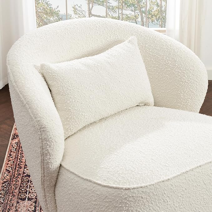 KINWELL 33 W Mid Century Modern Swivel Barrel Chair Upholstered Boucle Swivel Accent Chairs No Assembly Sofa Chair with Toss Pillow for Living Room Bedroom Reading Nursery Cream