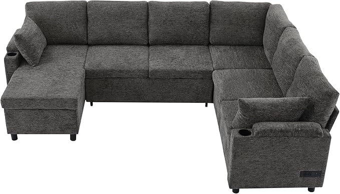 109.9 Modern Sectional Sofa Pull-Out Sofa Bed Sleeper with Storage Ottoman and 2 Cup Holders Chenille Convertible U-Shaped Couch Bed for Living Room (Grey-3.13)