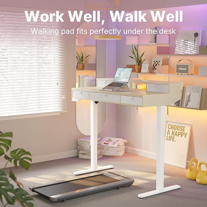 HUANUO 48 x 24 inch Electric Standing Desk with 5 Drawers Adjustable Height Sit Stand Home Office Desk C-Clamp Mount Compatible Ergonomic Stand up Desk with 4 Preset Heights Natural