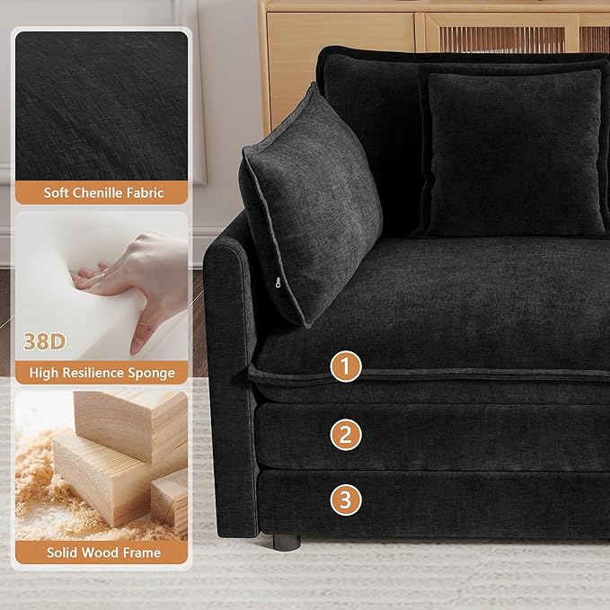 Setawix Modern Modular Sectional Sofa 111.5 Upholstered Chenille 3-Seater with 2 Movable Ottomans Comfy U-Shaped Sofa Oversized Deep Seat Cloud Couch with 5 Pillows for Living Room Black