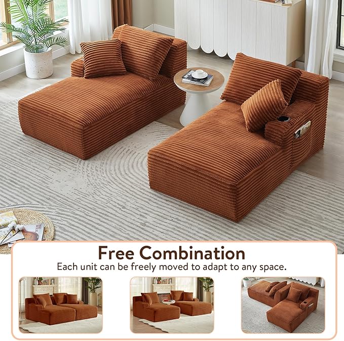 Oversized Double Chaise Lounge Chair Indoor Fluffy Upholstered Corduroy Sofa Bed with Throw Pillows Comfy Sleeper Deep Seat Sectional Loveseat Sofa Couch for Living Room (Orange)