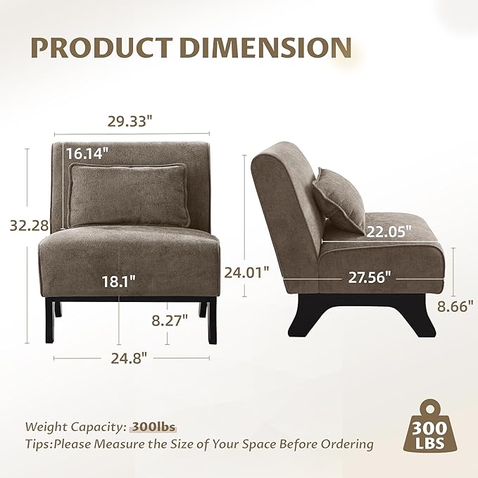 Upholstered Armless Accent ChairModern Comfy Living Room Chairs with Wooden Legs&amp PillowsLounge Sofa Side Chair for Bedroom Farmhouse Reading (Dark Brown 2 PCS)