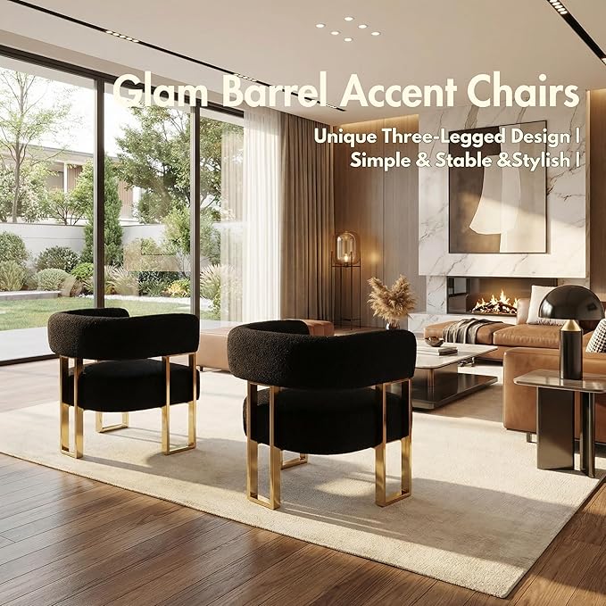Barrel Accent Chairs Set of 2 Comfy Sherpa Upholstered Armchairs for Living Room with Semi-Open Back Reading Accent Chairs with Gold Metal Legs for Bedroom Vanity Reception Black