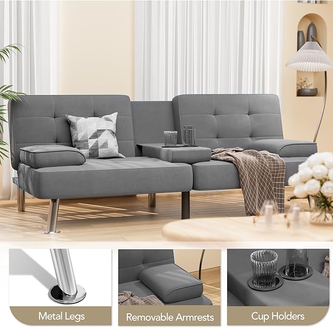 Shahoo Modern Linen Upholstered Convertible Folding Futon Sofa Bed with Removable Armrests Metal Legs 2 Cup Holders for Living Room Dark Grey