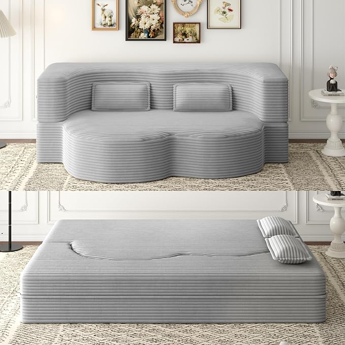 78 inch Memory Foam Couch Sofa Bed Convertible Folding Velvet Chenille Lazy Lounge Floor Full Size Sofabed Sleeper Couch for Small Living Room Apartment No Assembly (Light Grey Corduroy)