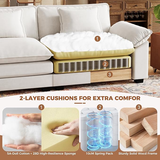 CDCASA 120 Modular Sectional Sofa Comfy U-Shaped Cloud Couch with 2 Movable Ottomans Oversized 5-Seater Velvet Deep Seat Sofa Couch for Living Room DIY Combination Beige