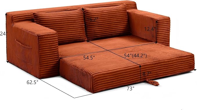 73 Convertible Sofa Bed 2 in 1 Corduroy Folding Couch with Pillows No Assembly Boneless Compression Sofa in Box Loveseat with Side Storage Pocket for Apartment Living Room Orange