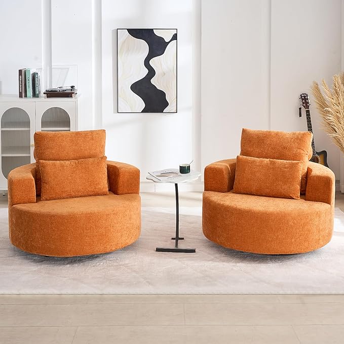 Furnimart 40 Oversized Barrel Accent Chair Set of 2 360° Swivel Round Upholstered Sofa Chenille High-Resilience Sponge No Assembly Wide Seat for Living Room Bedroom Apartment (Orange)