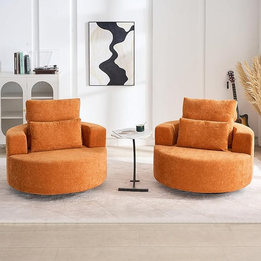 Furnimart 40 Oversized Barrel Accent Chair Set of 2 360° Swivel Round Upholstered Sofa Chenille High-Resilience Sponge No Assembly Wide Seat for Living Room Bedroom Apartment (Orange)