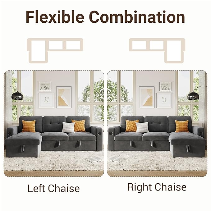 IDEALHOUSE 84 Sleeper Sofa with Storage &amp Charging Station Convertible Sectional Couch Bed with LED Lights Reversible Chaise Pull Out Sofa Bed for Living Room Apartment Velvet Dark Grey