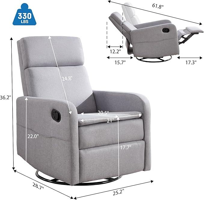 Swivel Rocking Recliner Chair for Adults Upholstered Fabric Glider Recliner Reclining Chair with Side Pockets and Double-Thick Cushion for Living Room Bedroom Nursery(LightGrey)