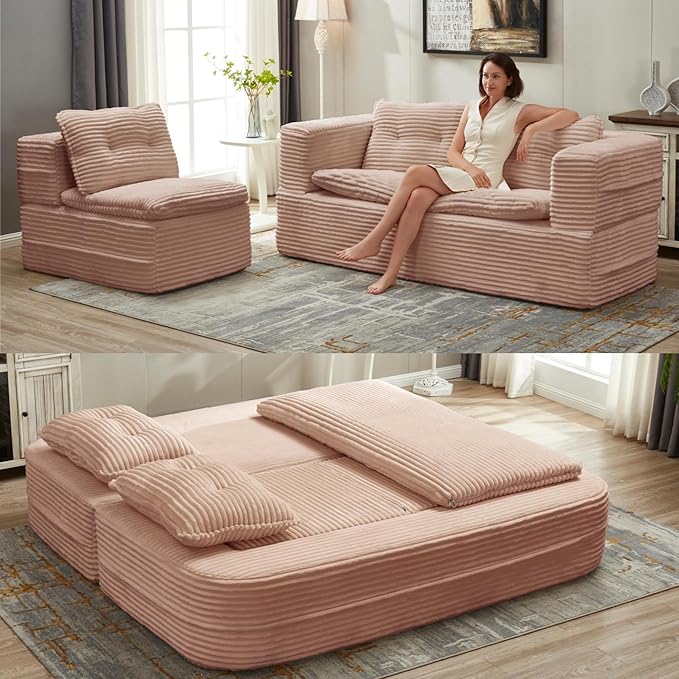 2 Pieces Sofa and Loveseat Set 80'' King Size Folding Sofa Bed with Chaise Lounge 2-in-1 Convertible Floor Sofa Bed Corduroy Boneless Couch Memory Foam Couches for Living Room Pink
