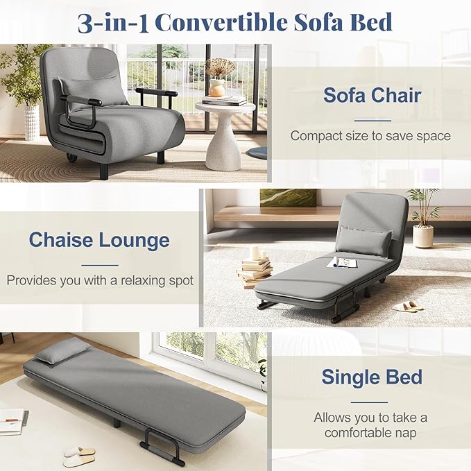 Giantex Convertible Sofa Bed 3-in-1 Folding Sleeper Chair with 5-Position Adjustable Backrest Wheels 2 Legs Recliner Chaise Lounge with Pillow Armchairs for Nursery Living Room (Light Gray)