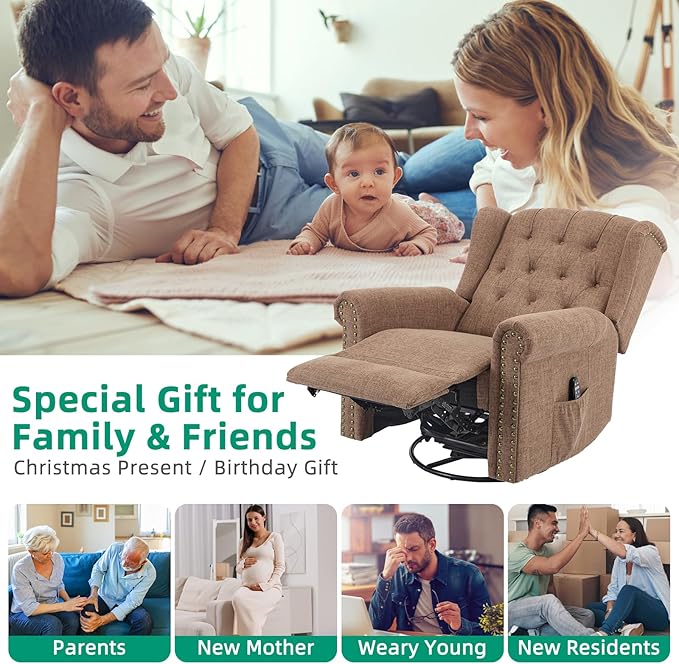 VIVIJASON Power Swivel Rocking Recliner Chair with Massage &amp Heat Electric Rocker Nursery Glider Chair Wingback Tufted Upholstered Recliner W/Type-C &amp USB Ports for Living Room Bedroom Bro