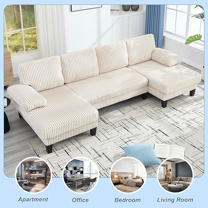 Sectional Couches for Living Room 114 Cloud Couch Modular Sofa Convertible U Shaped Couchs with Double Chaise 4-Seat Deep Seats Corduroy Sleeper Sofas for Home Furniture Beige