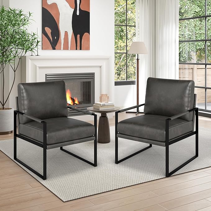 Mid Century Modern Faux Leather Accent Chair Set of 2 Metal Framed Armchair with Extra Soft Removable Seat Cushion &amp Backrest for Living Room Bedroom Waiting Room Easy to Clean (2 Dark Grey)