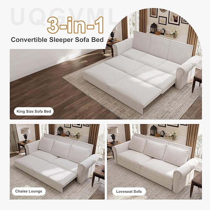 Oversized Sleeper Sofa Couch Convertible Sleeper Sofa Bed for Living Room Bedroom Classic 3-in-1 Pullout Couch Bed Chesterfield Style (Beige Without Ottoman)