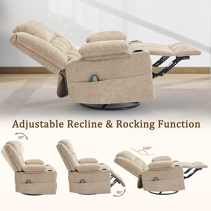 360° Rotating Adult Rocking Recliner Baby Room Glider with Massage and Heating Functions Rocking Chair with Cup Holder Manual Recliner for Living Room and Bedroom (Fabric Khaki)