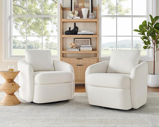 Swivel Barrel Chair Cloud 360° Upholstered Armchair with Removable Throw Pillow for Living Room Bedroom Modern Comfy Single Sofa Chairs Fully Assembled Set of 2 White
