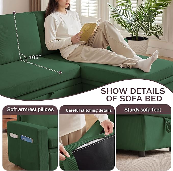 Sectional Sofa Bed Convertible Sleeper Sofa with Storage Chaise L-Shape Modern Polyester 3 in 1 Pull Out Couch Bed for Living Room Green