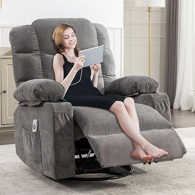 360 Swivel Massage Recliner Chair with 2 Cup Holders Heated &amp Massage Function Adjustable Backrest USB Port &amp 2 Side Pockets for Adults (Grey)