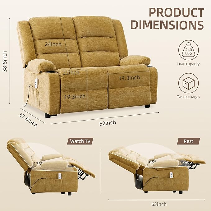 52Inch Power Loveseat ReclinerElectric Reclining Loveseat SofaAdjustable Love seat Recliner Sofa for Living RoomBedroom with Charging Ports(Yellow loveseat)